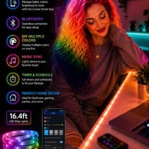 Govee RGBIC LED strip lights displaying multiple colors along a bedroom ceiling