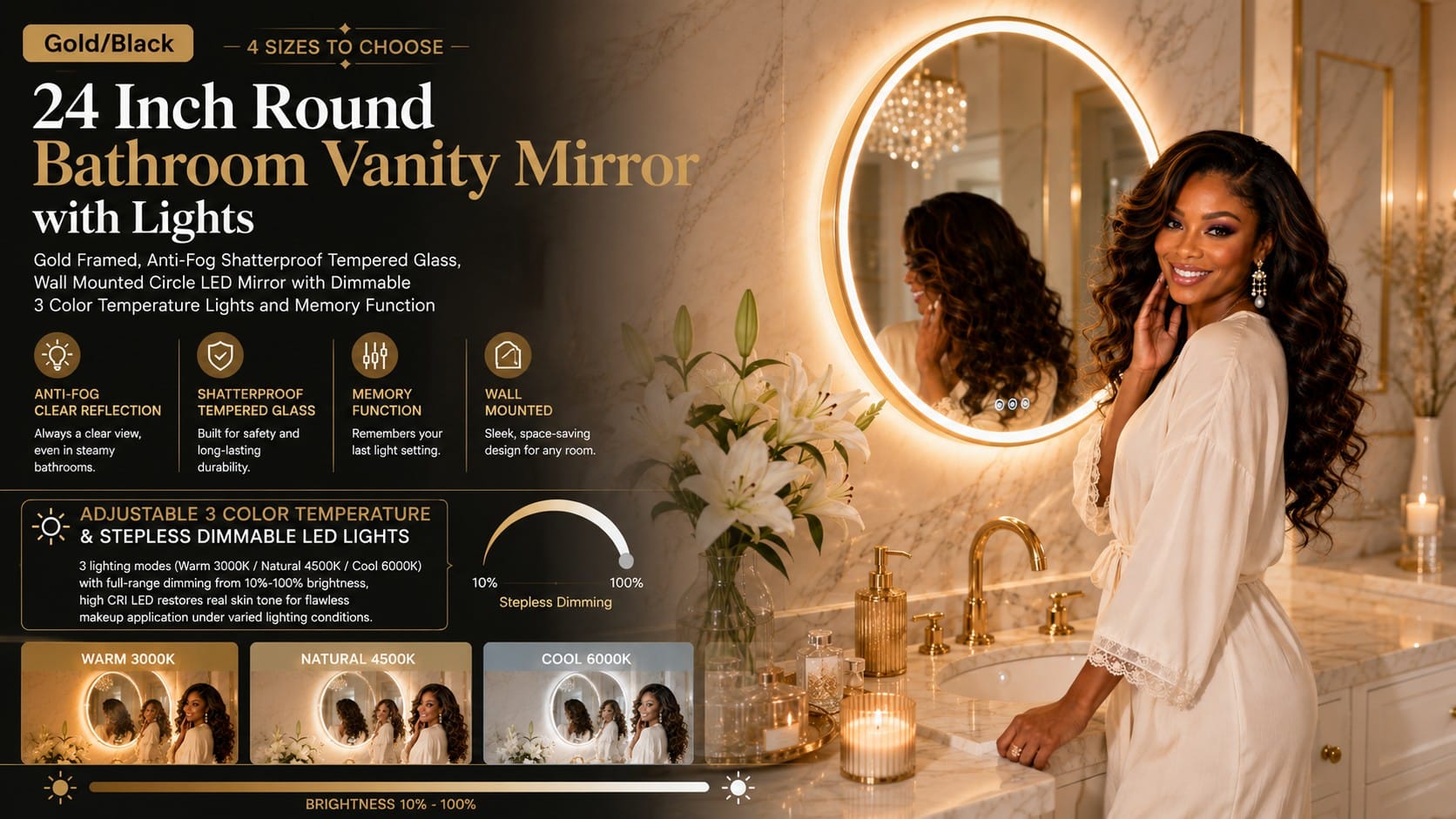 The Gold LED Vanity Mirror Review: Why Your Makeup Looks Different in Every Room 24 inch round gold framed LED vanity mirror with dimmable lights mounted above a bathroom sink