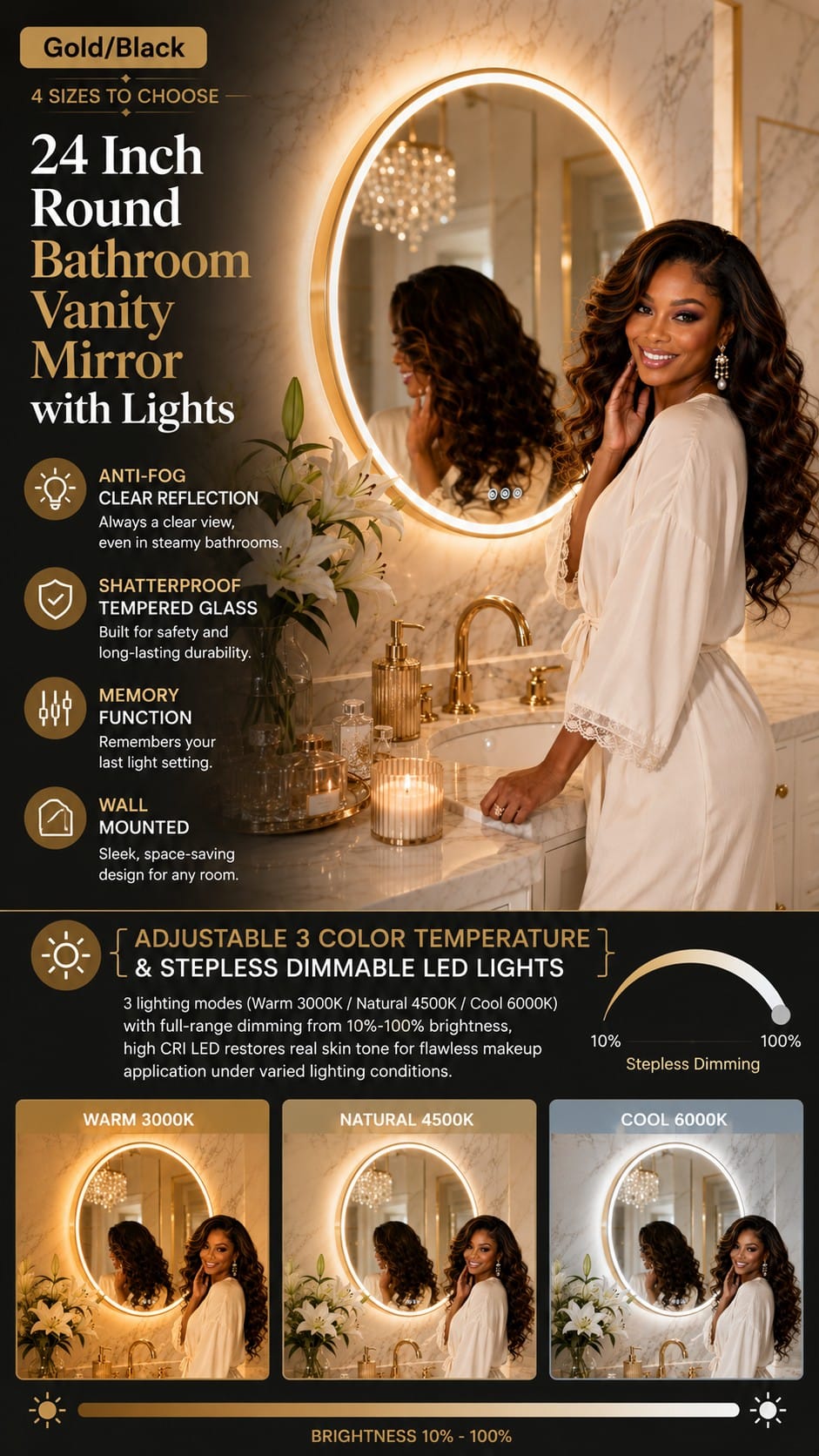 24 Inch Round Gold LED Bathroom Vanity Mirror 24 Inch Round Gold LED Bathroom Vanity Mirror