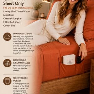 Caramel pumpkin extra deep pocket queen fitted sheet on a thick mattress