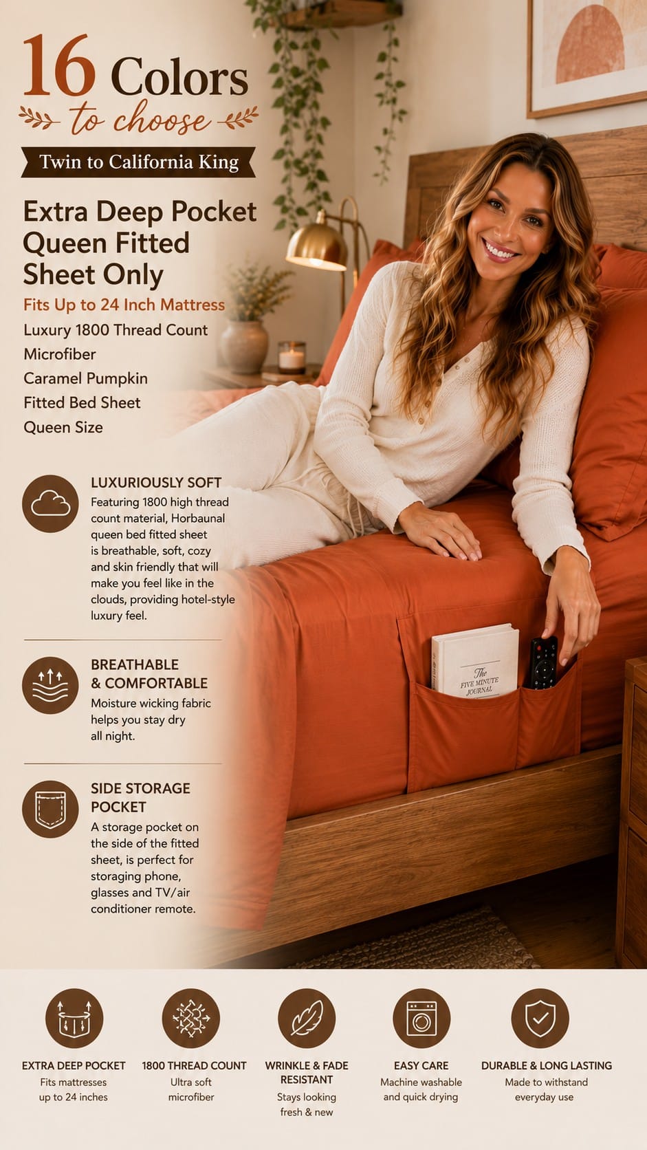 Extra Deep Pocket Queen Fitted Sheet, Caramel Pumpkin Caramel pumpkin extra deep pocket queen fitted sheet on a thick mattress