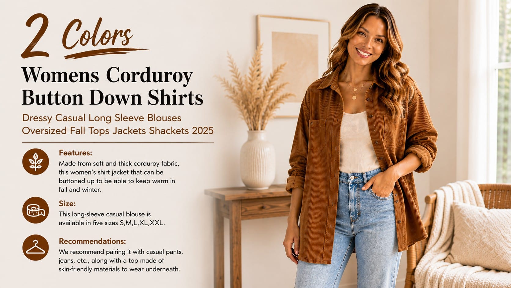 Trendy Wendy wearing the Dokotoo oversized corduroy button-down shirt-jacket in a cozy fall setting — corduroy button-down shirt