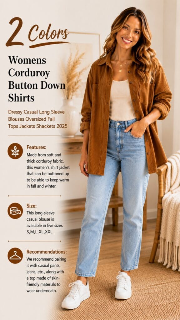 The Dokotoo Corduroy Button-Down: The Textured, Not-Plaid Fall Layer Trendy Wendy wearing the Dokotoo oversized corduroy button-down shirt-jacket in a cozy fall setting β corduroy button-down shirt