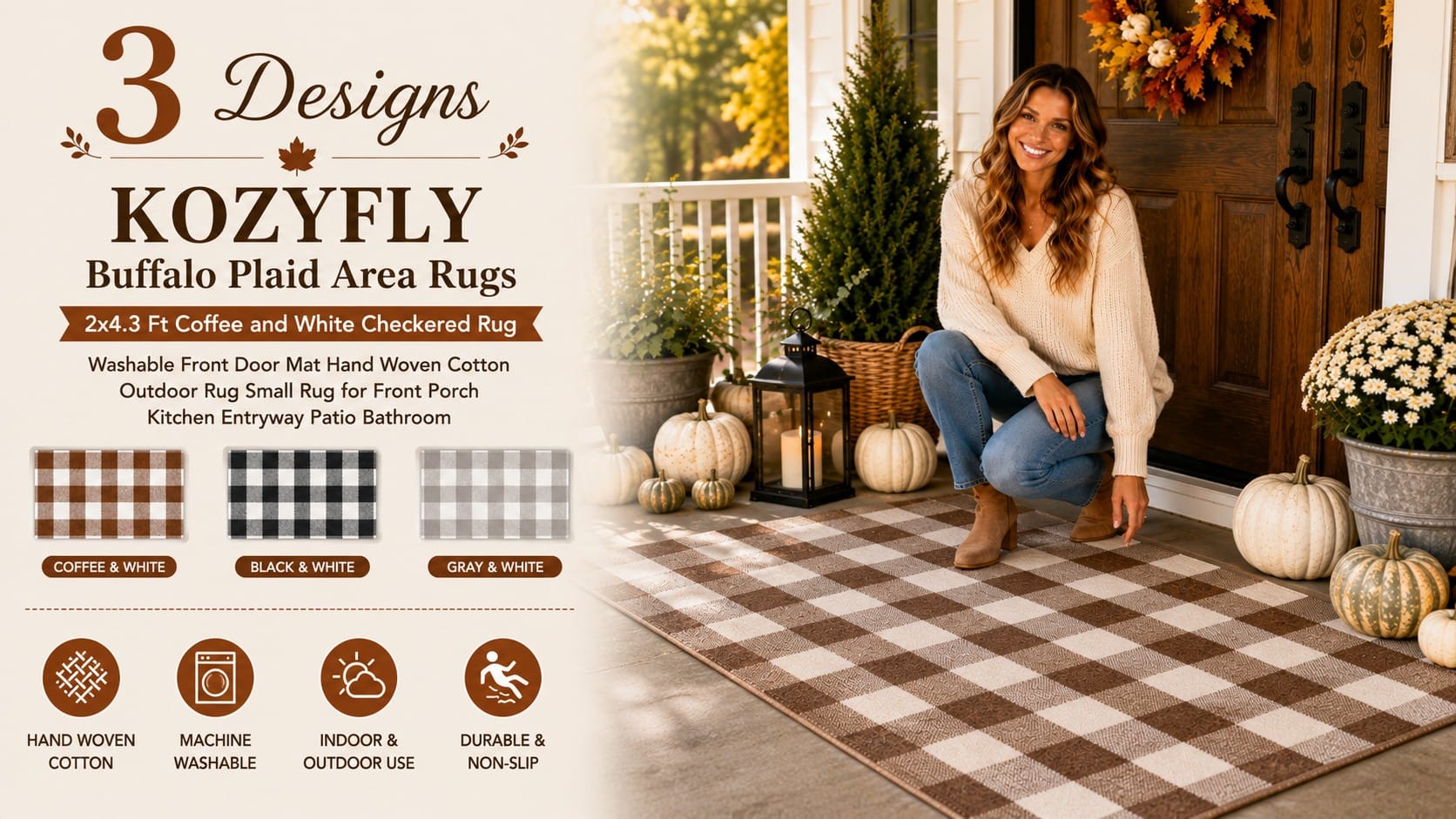 A layered fall porch with a pumpkin doormat on a buffalo plaid rug and welcome banners framing the front door