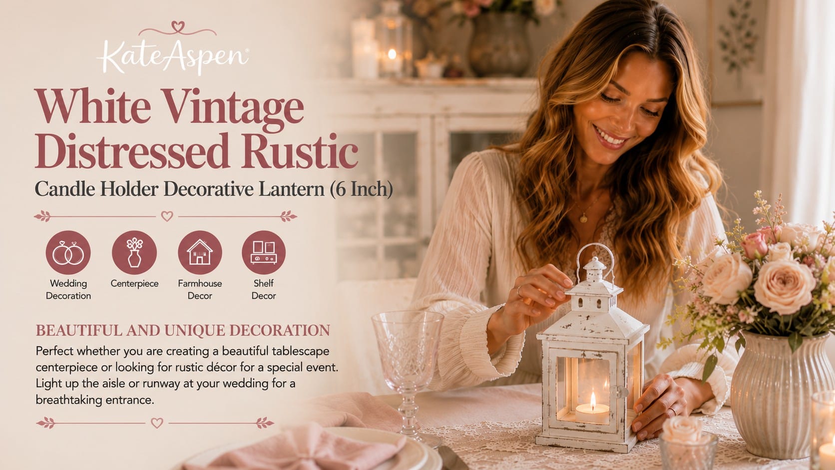 Kate Aspen white distressed 6-inch lantern with a lit tealight on a lace-draped farmhouse table with roses