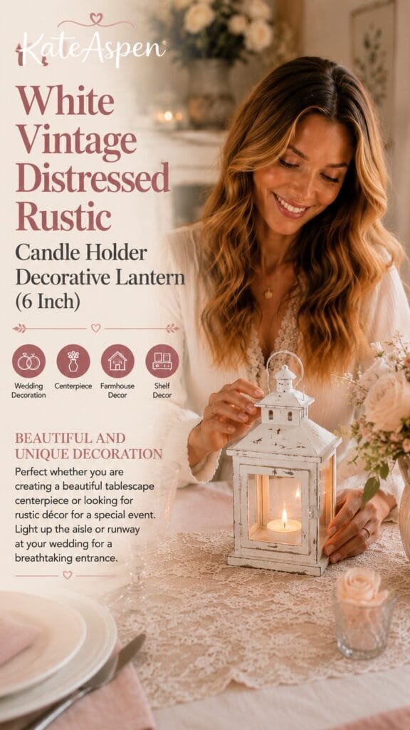 Kate Aspen white distressed 6-inch lantern with a lit tealight on a lace-draped farmhouse table with roses