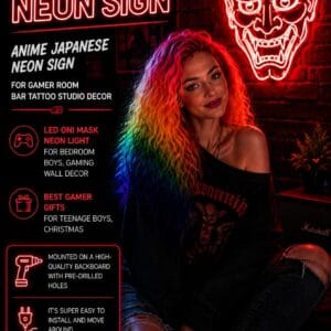 Kavaas Hannya mask LED neon sign glowing on a wall as anime gamer room decor