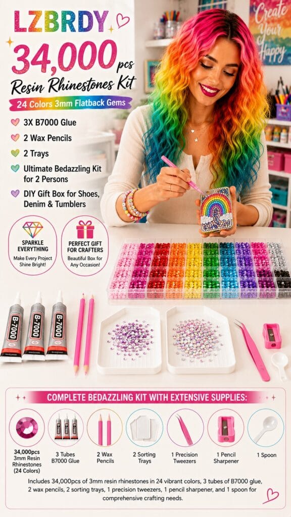 34,000-piece rhinestone bedazzle kit with colorful gems for customizing clothes and phone cases — bedazzle rhinestone kit