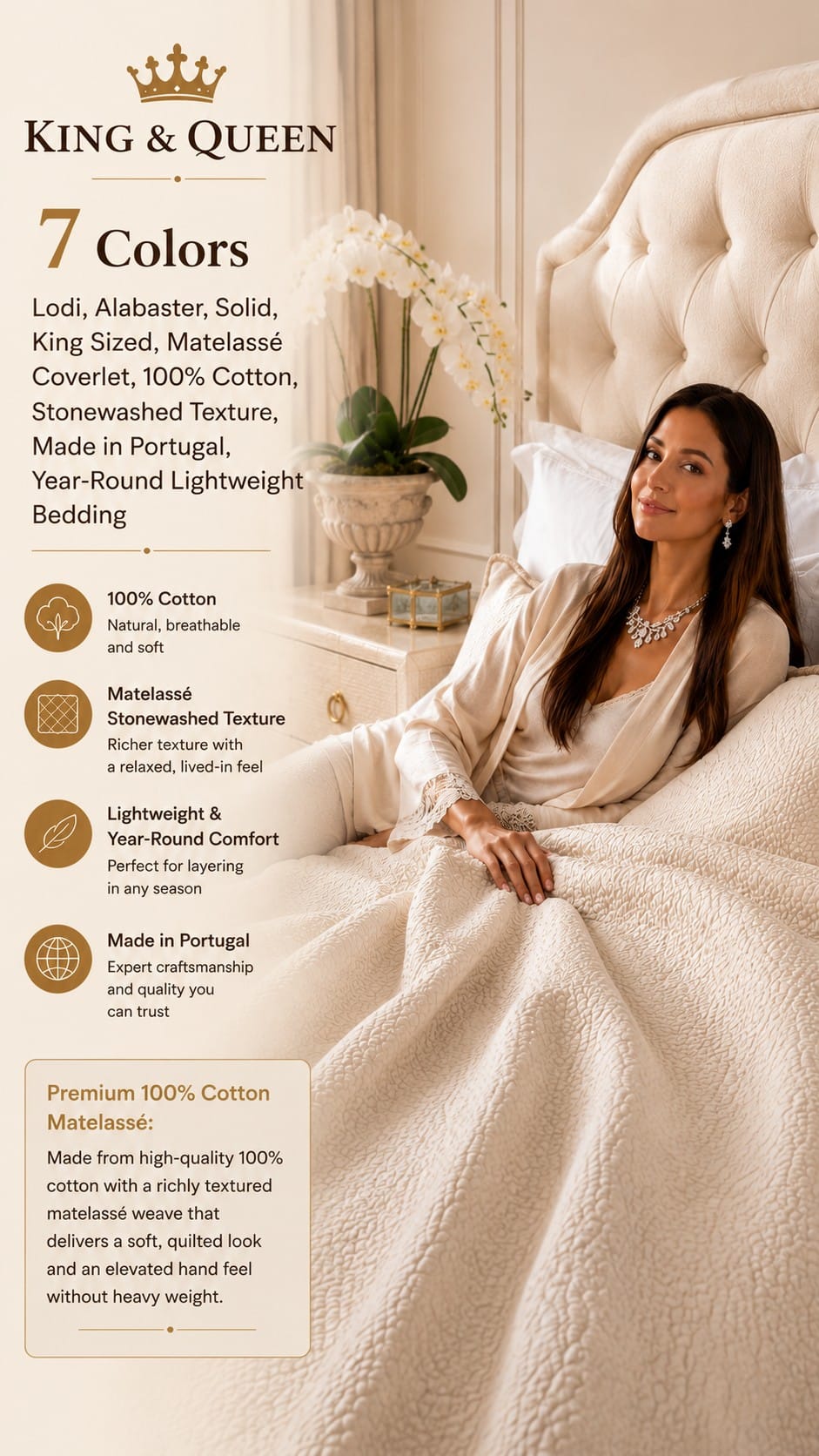 Pine Cone Hill Lodi Matelassé Coverlet in Alabaster Alabaster Pine Cone Hill Lodi matelassé cotton coverlet with stonewashed texture styled on a bed, with feature callouts for 100% cotton and made in Portugal