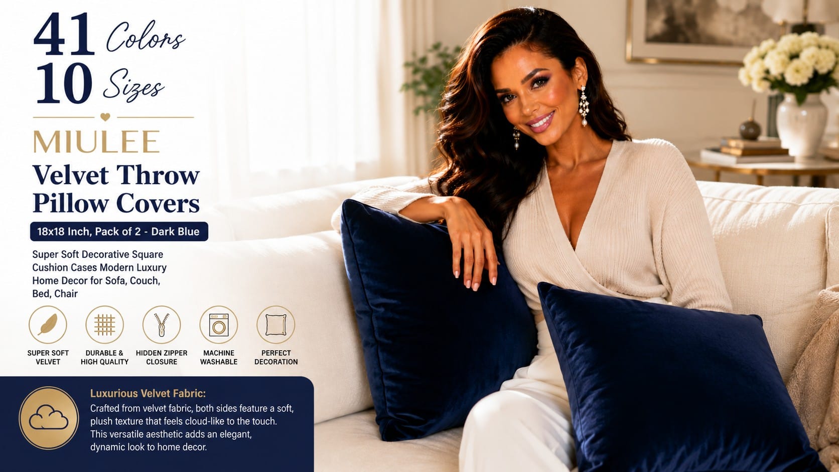 Sparkle Stacey best glam pillow covers — sapphire and eggplant velvet, gold, and faux fur on a glam sofa — best glam pillow covers