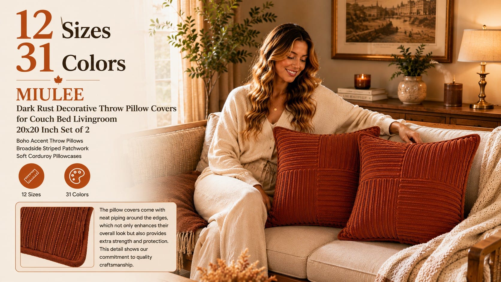 Fall throw pillow covers — faux fur pumpkin, rust corduroy, and buffalo check on a cozy farmhouse couch — best fall pillow covers