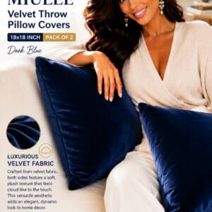 MIULEE set of 2 dark blue soft velvet throw pillow covers styled on a sofa