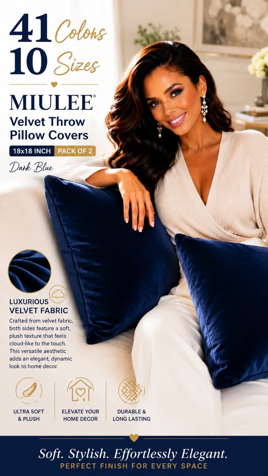 MIULEE Velvet Throw Pillow Covers, Dark Blue 18x18 MIULEE set of 2 dark blue soft velvet throw pillow covers styled on a sofa