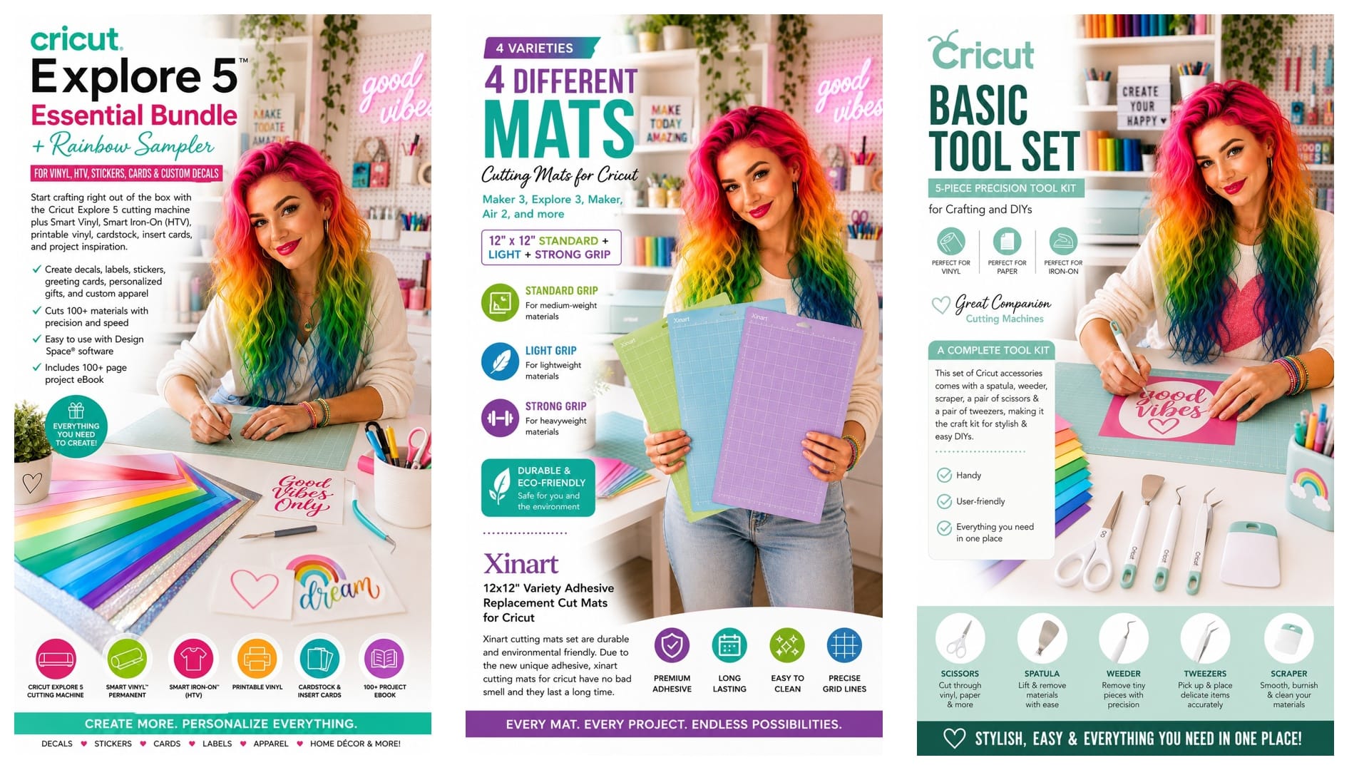 A Cricut cutting machine with cutting mats, weeding tools, vinyl and craft accessories laid out on a desk