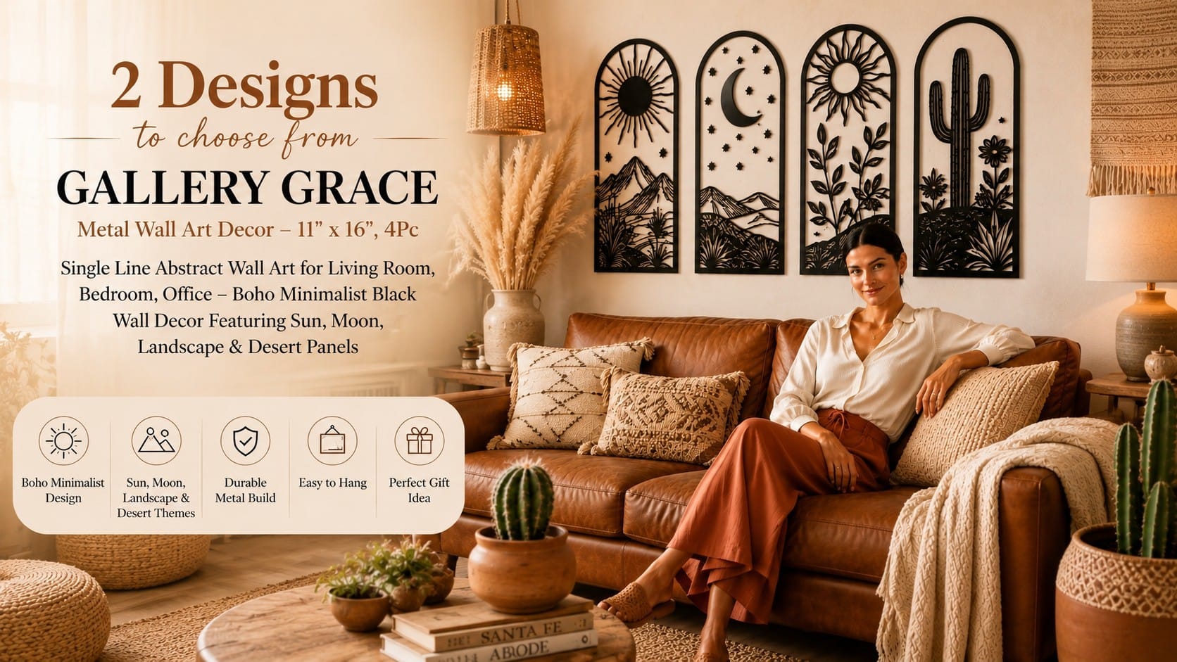 The Gallery Grace Metal Wall Art: The $21 Set That Gives a Wall Character Gallery Grace black metal wall art, a 4-piece boho line set of sun, moon, landscape and desert panels above a leather sofa