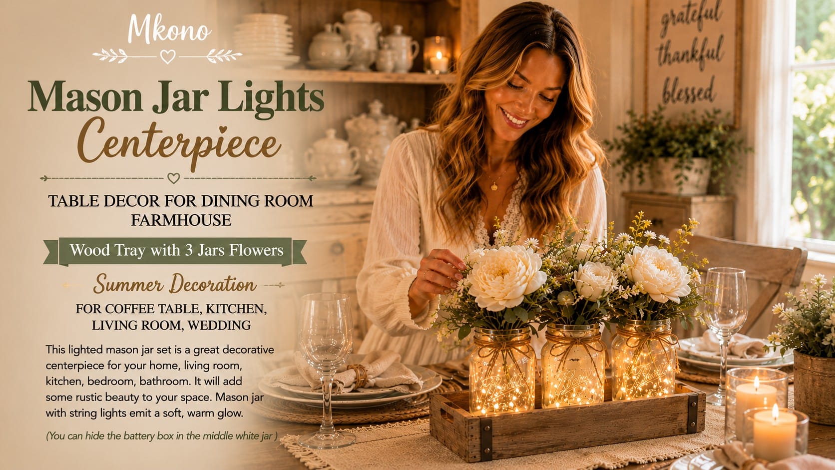 Mkono mason jar lights centerpiece — a rustic wood tray with three glowing mason jars and cream fall florals on a farmhouse dining table