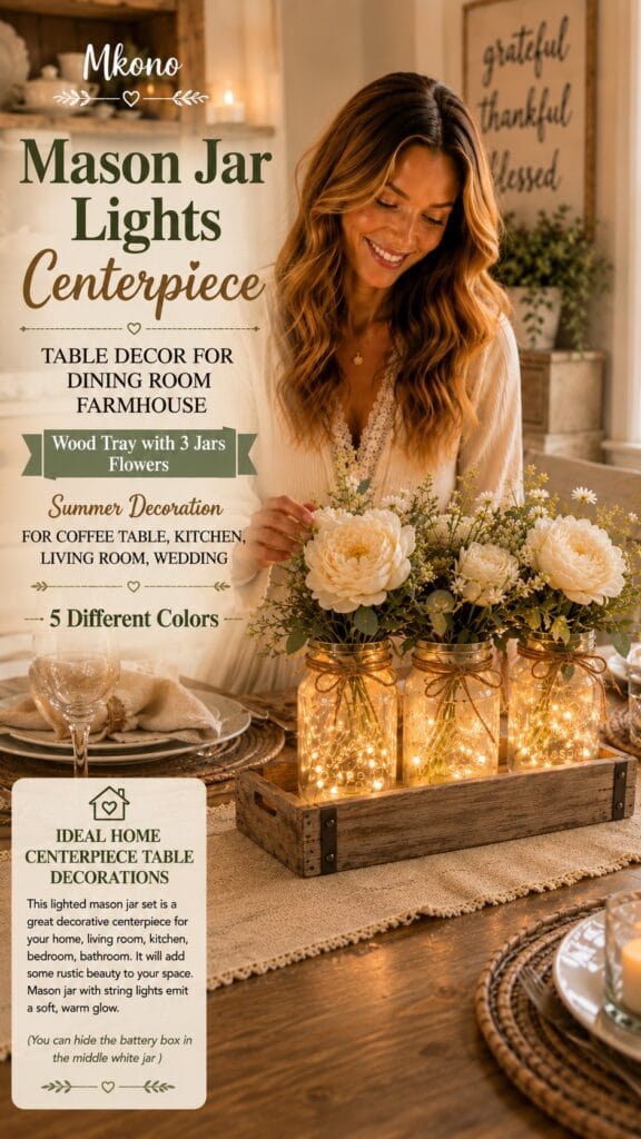 Mkono mason jar lights centerpiece — a rustic wood tray with three glowing mason jars and cream fall florals on a farmhouse dining table