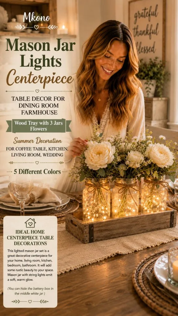 Mkono mason jar lights centerpiece — a rustic wood tray with three glowing mason jars and cream fall florals on a farmhouse dining table