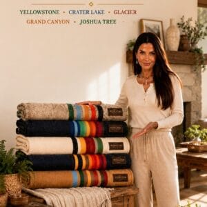 Pendleton Glacier National Park queen wool blanket with red, yellow, and navy park stripes folded on a bed
