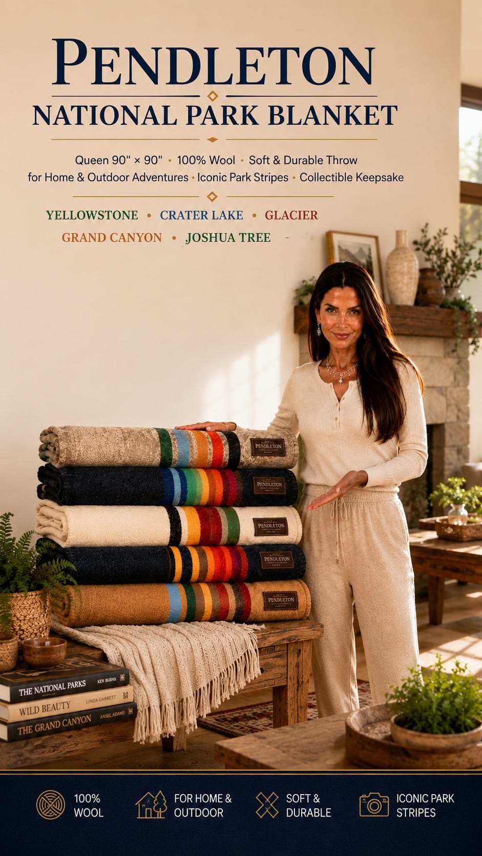 Pendleton Glacier National Park Wool Blanket, Queen Pendleton Glacier National Park queen wool blanket with red, yellow, and navy park stripes folded on a bed