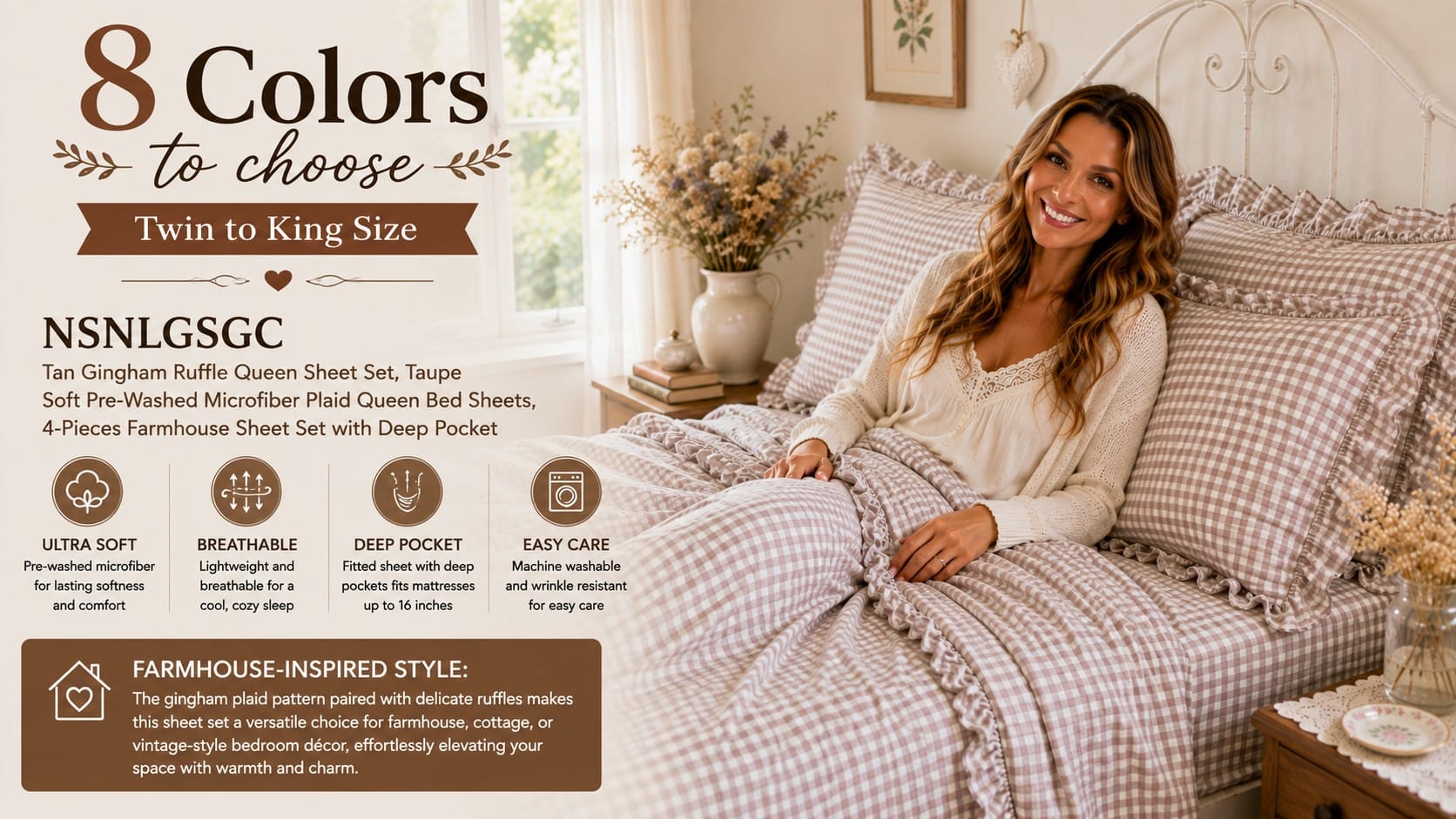 Tan Gingham Ruffle Sheets Review: Buying the Look, Honestly Tan and taupe gingham ruffle farmhouse sheet set on a queen bed in a cozy cottage bedroom