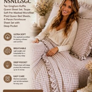 Tan gingham ruffle queen sheet set in taupe plaid microfiber on a farmhouse-style bed