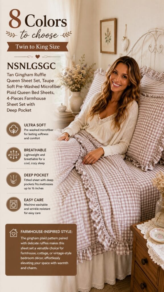 Tan Gingham Ruffle Sheets Review: Buying the Look, Honestly Tan gingham ruffle queen sheet set in taupe plaid microfiber on a farmhouse-style bed