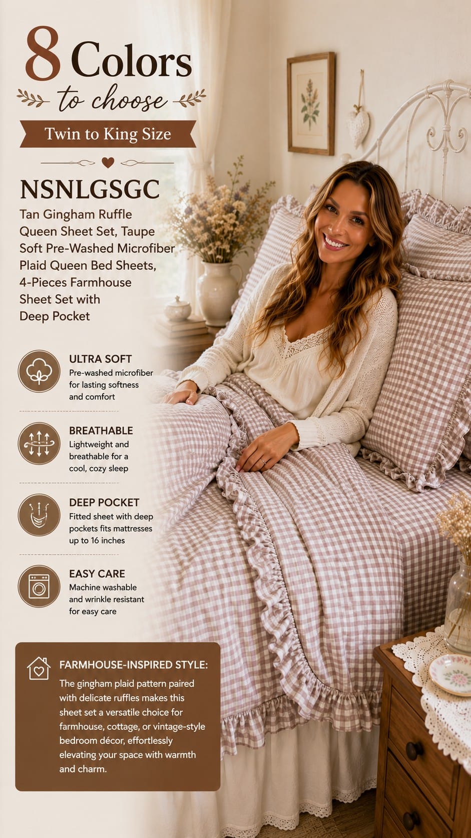 NSNLGSGC Tan Gingham Ruffle Queen Sheet Set, Taupe Tan gingham ruffle queen sheet set in taupe plaid microfiber on a farmhouse-style bed