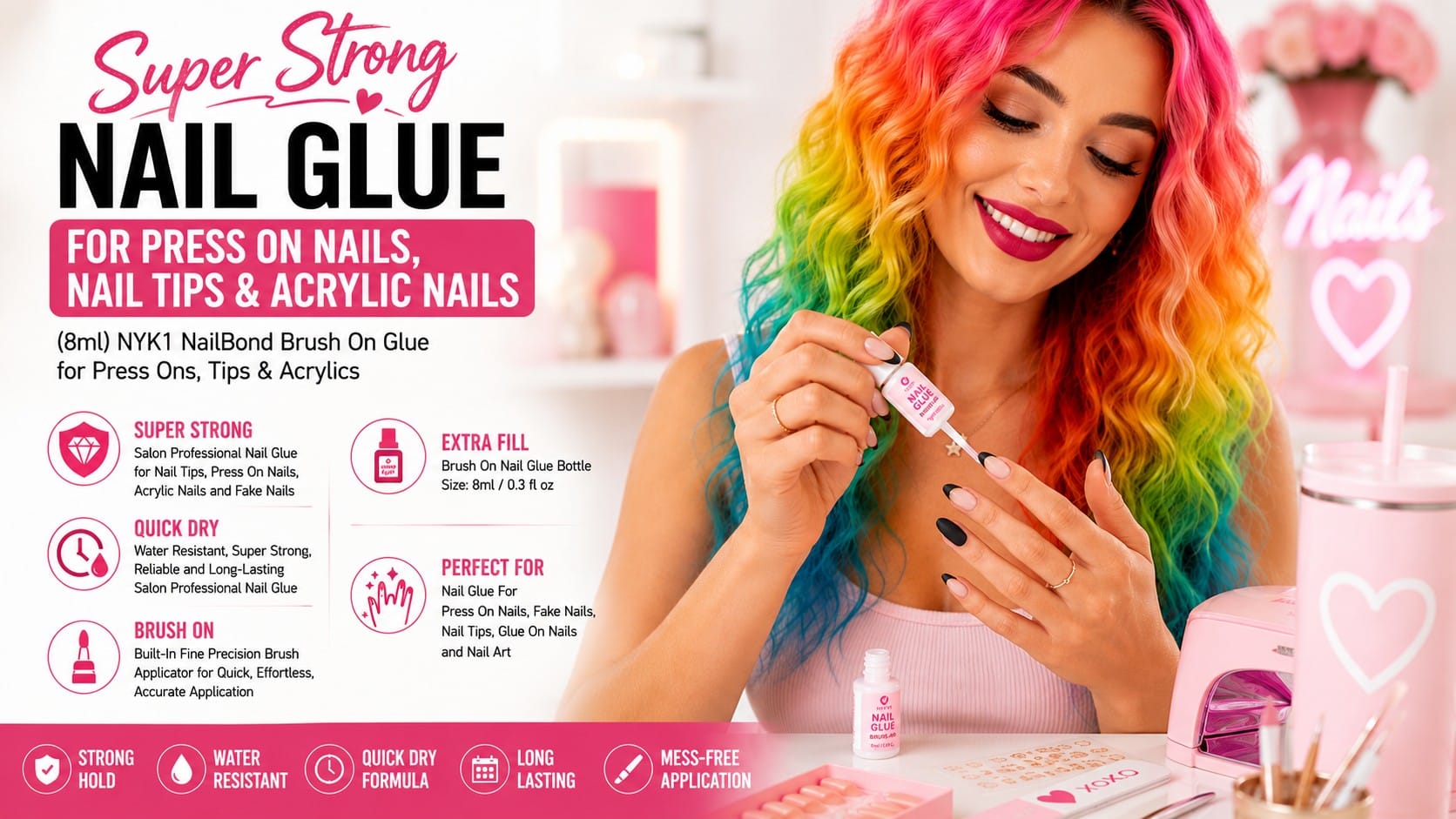 NYK1 Super Strong brush-on nail glue bottle beside press-on nails — NYK1 nail glue