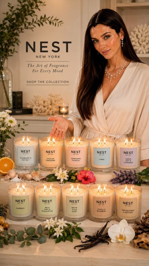NEST Bamboo 3-Wick Review: The Luxury Candle That Actually Makes Financial Sense NEST New York Bamboo 3-wick scented candle in a frosted striped glass vessel lit on a styled console table