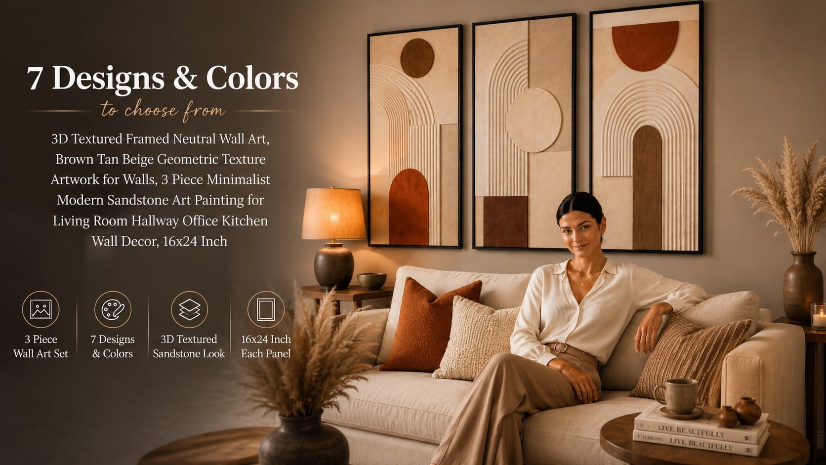 A collection of abstract wall art — a large neutral canvas triptych, a 3D sandstone-relief set, and laser-cut black metal line panels in a styled living room