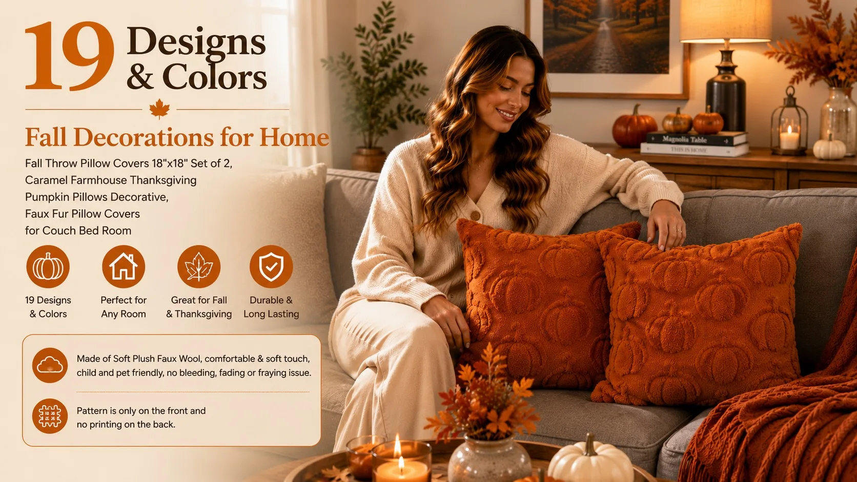 Caramel pumpkin faux fur pillow covers in warm caramel on a cozy fall couch — caramel faux fur pillow covers