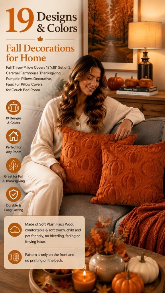 The Caramel Pumpkin Faux Fur Pillow Covers: The Warmest Cozy Accent Caramel pumpkin faux fur pillow covers in warm caramel on a cozy fall couch — caramel faux fur pillow covers