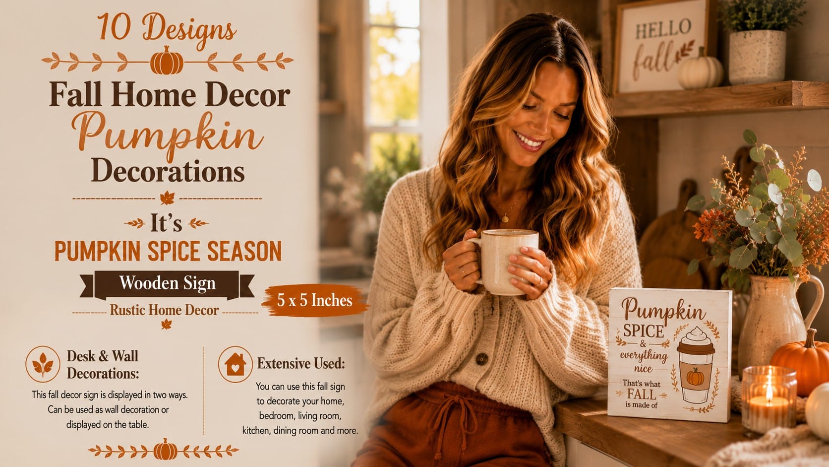 The “It’s Pumpkin Spice Season” Wood Sign: The $8 Cozy Detail That Finishes Your Fall 'Pumpkin Spice & everything nice' 5x5 rustic wood block sign propped on a cozy fall coffee bar with a candle