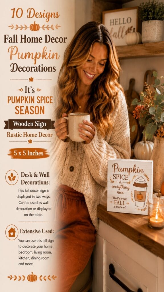 The “It’s Pumpkin Spice Season” Wood Sign: The $8 Cozy Detail That Finishes Your Fall 'Pumpkin Spice & everything nice' 5x5 rustic wood block sign propped on a cozy fall coffee bar with a candle
