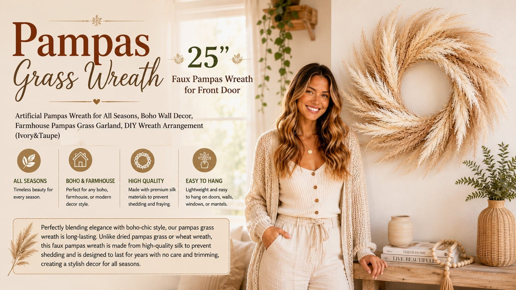 Perfnique pampas grass fall wreath in ivory and taupe on a farmhouse front door — pampas grass fall wreath
