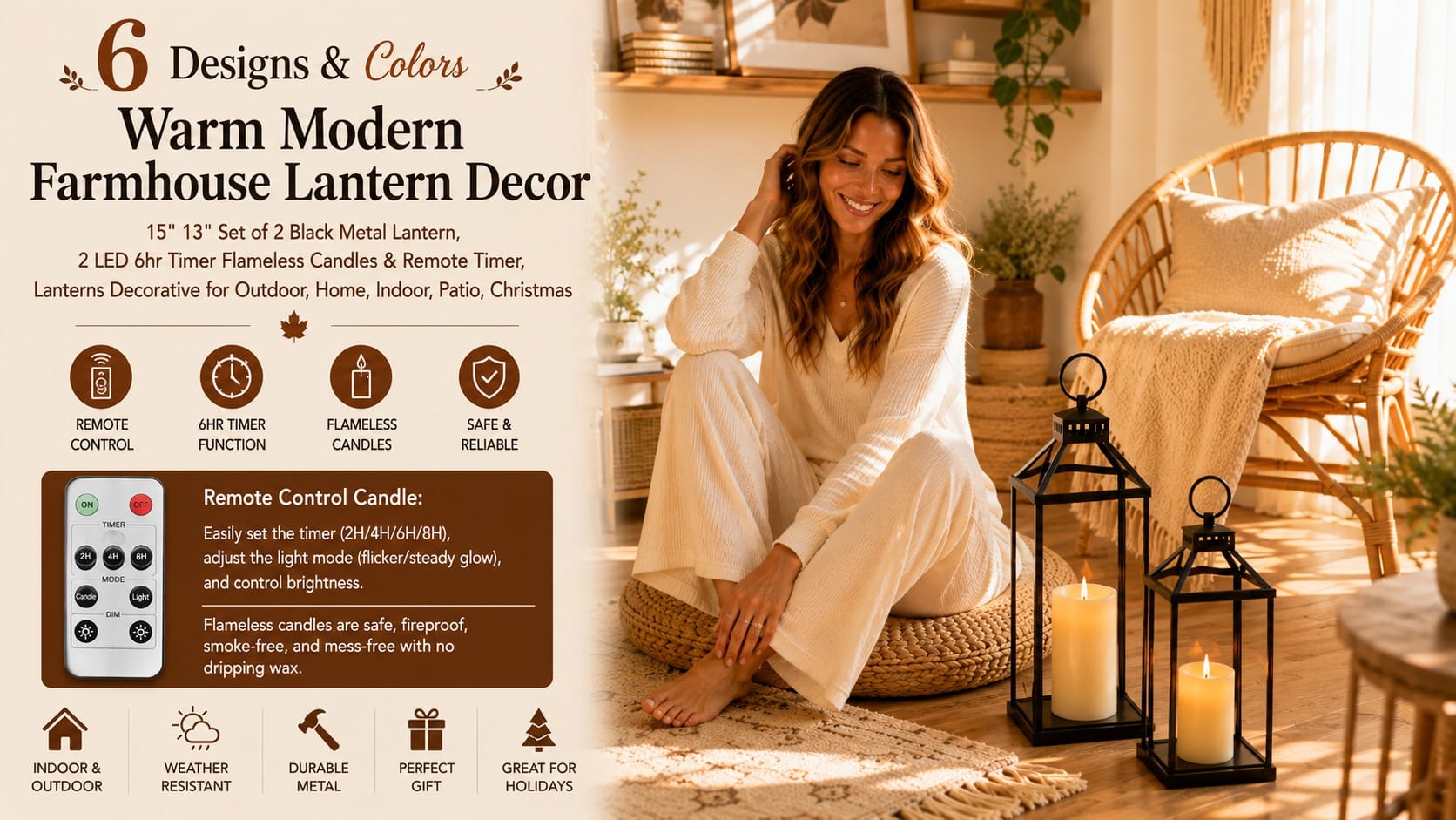 Perfnique black metal farmhouse lanterns set of 2 with flameless candles glowing on a cozy autumn floor beside a knit throw