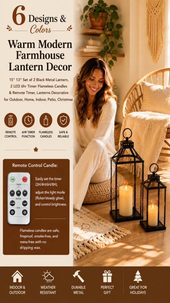 Perfnique black metal farmhouse lanterns set of 2 with flameless candles glowing on a cozy autumn floor beside a knit throw