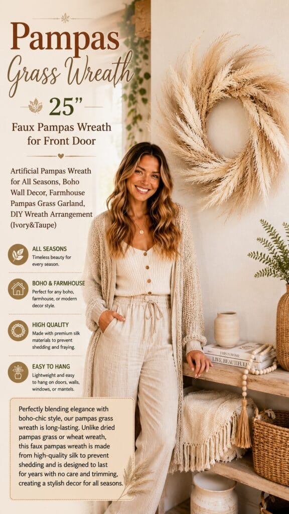 Perfnique pampas grass fall wreath in ivory and taupe on a farmhouse front door — pampas grass fall wreath