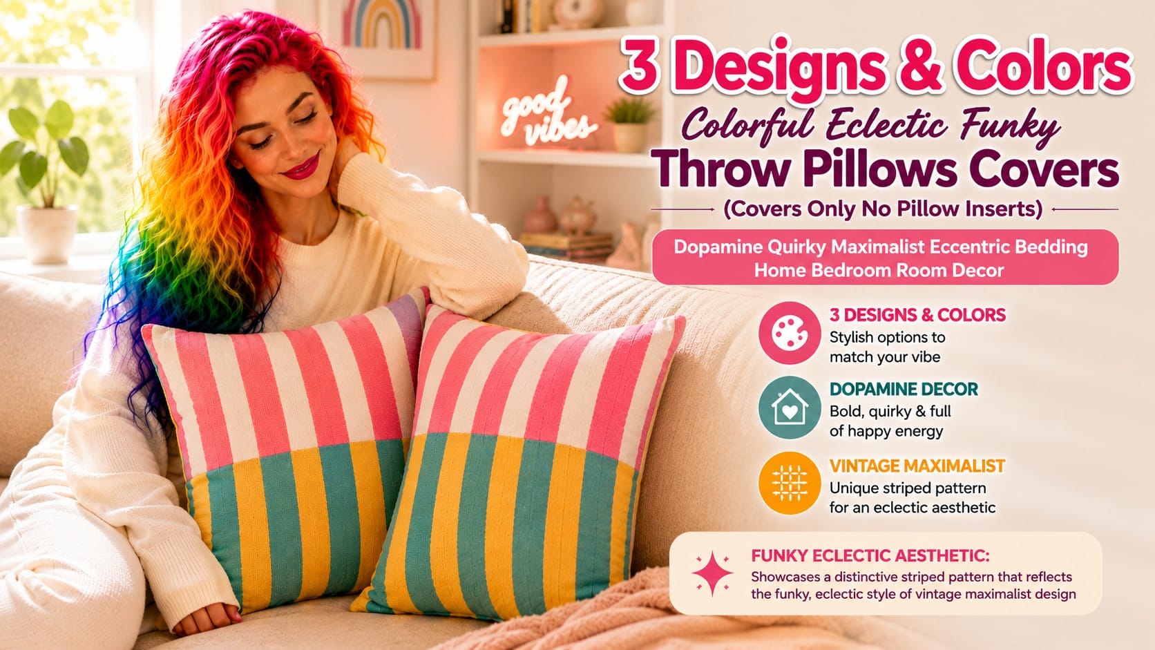Vivid Vicky best dopamine pillow covers — funky maximalist prints and emerald leopard on a bold couch — best dopamine pillow covers