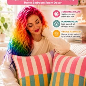 Colorful eclectic funky throw pillow covers in a maximalist dopamine decor living room