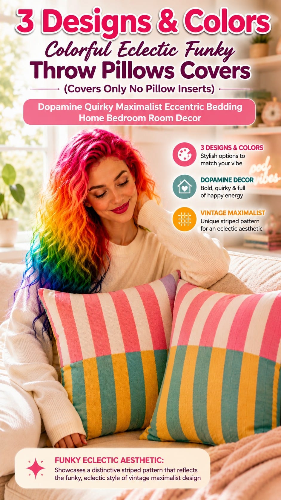Colorful Eclectic Funky Dopamine Throw Pillow Covers Colorful eclectic funky throw pillow covers in a maximalist dopamine decor living room