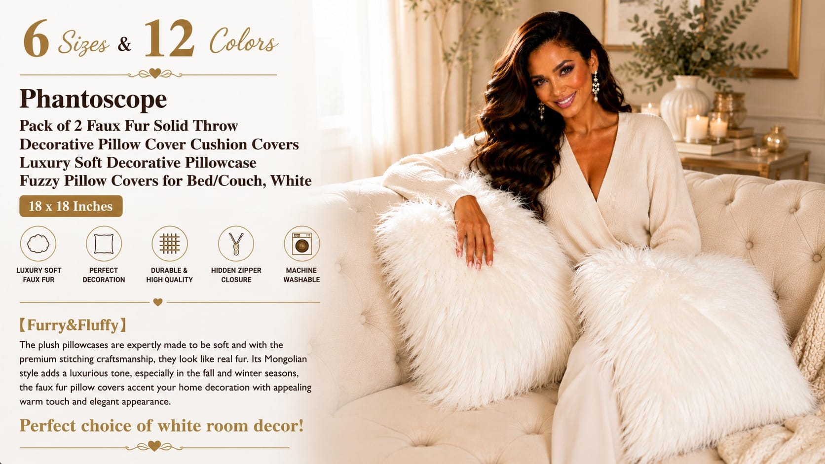 Phantoscope plush faux fur pillow covers layered with velvet on a glam sofa — Phantoscope faux fur pillow covers