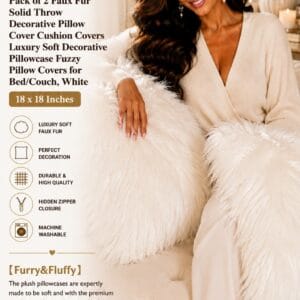 Phantoscope set of 2 white faux fur throw pillow covers styled on a couch