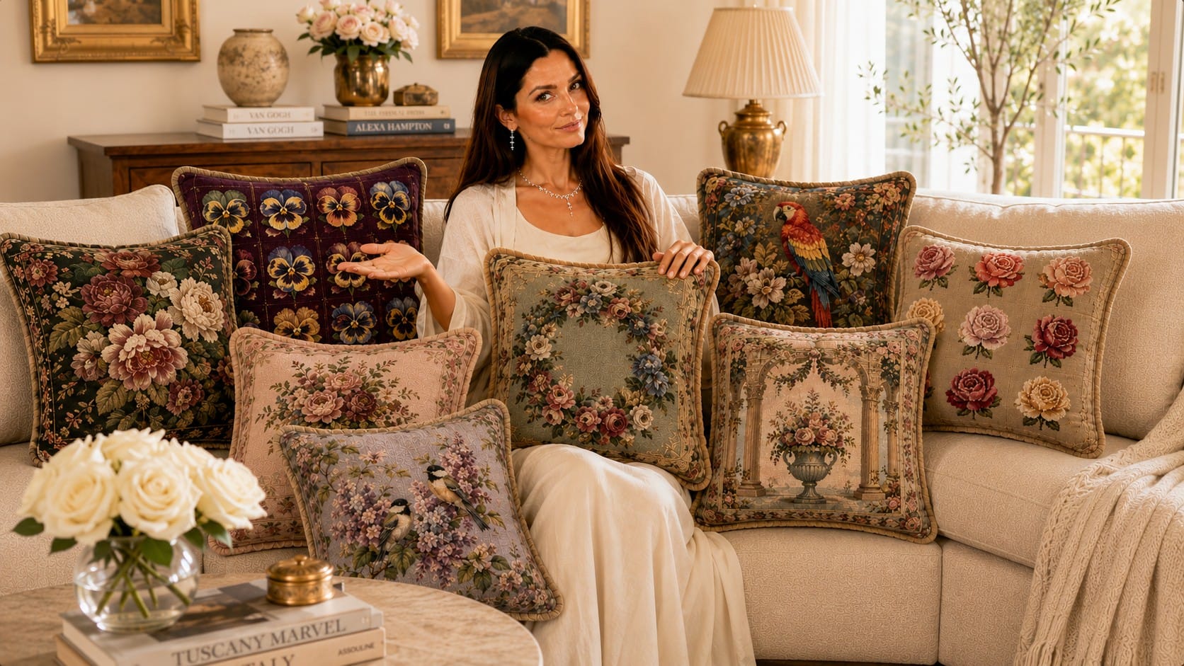 A collection of European tapestries — a grand medieval wall hanging, a da Vinci masterpiece, and floral jacquard cushions in an elegant estate room