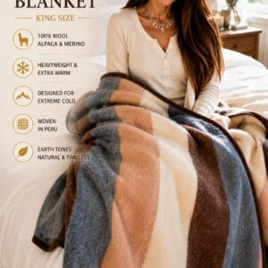 Desert Breeze Andean Collection alpaca and merino wool blanket in earth tones with natural stripes on a king bed
