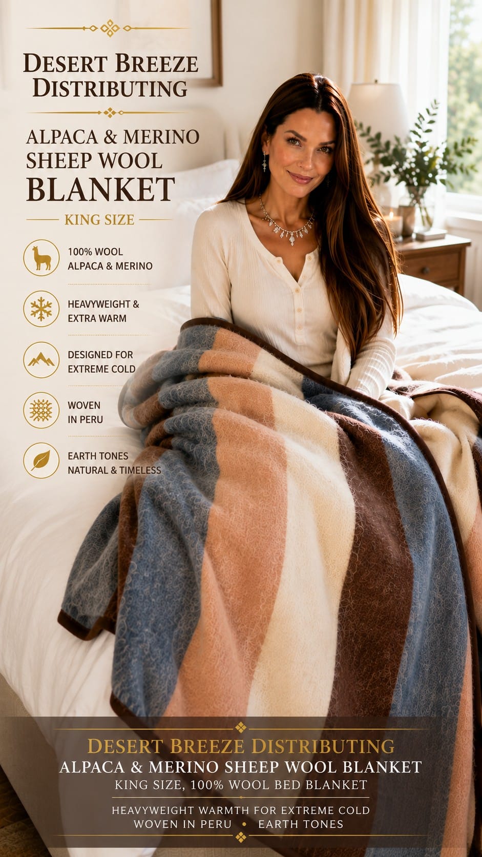 Desert Breeze Alpaca and Merino Wool Blanket, King Size Desert Breeze Andean Collection alpaca and merino wool blanket in earth tones with natural stripes on a king bed