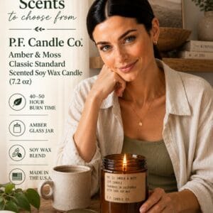 P.F. Candle Co. Amber & Moss 7.2 oz soy candle in an amber glass jar with a brass lid on a nightstand