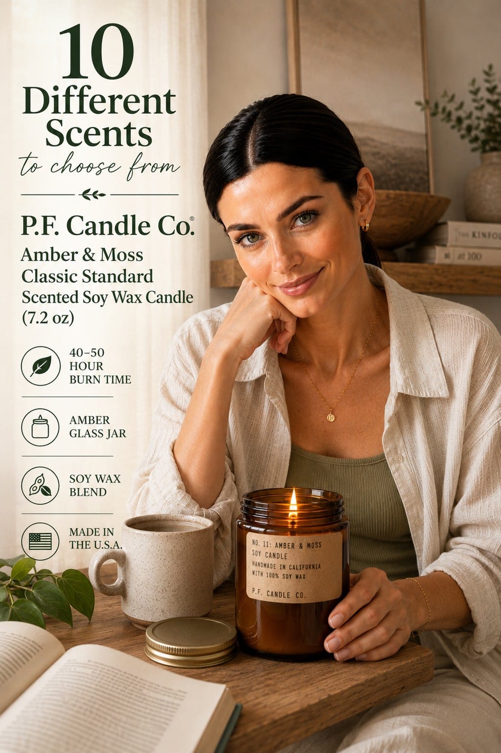 P.F. Candle Co. Amber & Moss Soy Candle, 7.2 oz P.F. Candle Co. Amber & Moss 7.2 oz soy candle in an amber glass jar with a brass lid on a nightstand