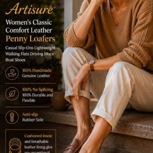 Artisure women's classic handsewn genuine leather penny loafers with contrast stitching and slip-on design